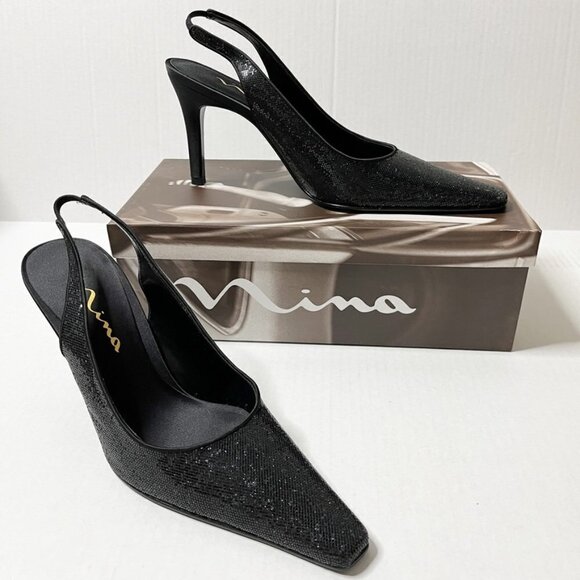 Nina Women's Taren Heels Size 8.5M Black Crystal Sling Backs Pointed Toe w/ Box - Picture 9 of 10